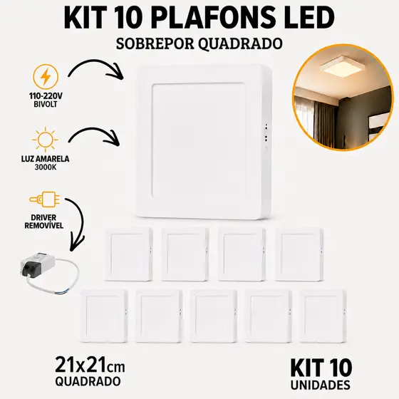 KIT 10 Plafon LED, Painel LED Sobrepor Quadrado 18w Branco luz (amarela)21x21cm 110-220v(BIVOLT)