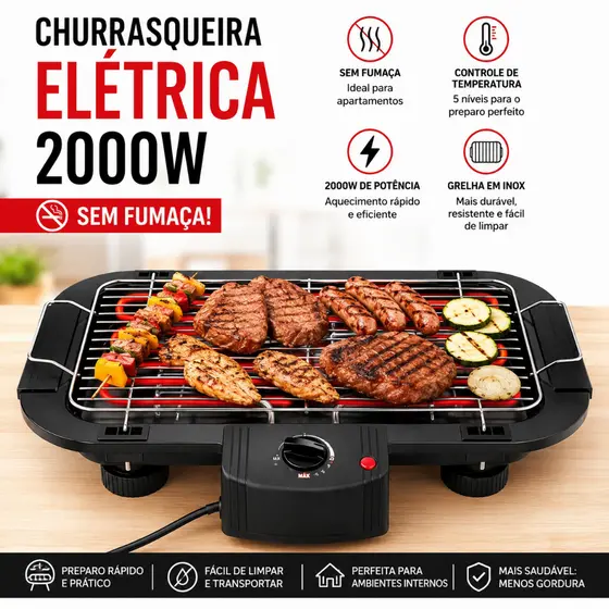 Churrasqueira Elétrica 2000w Interior Exterior Sem fumaça Grelhador Portátil Cozinha 110v ou 220v