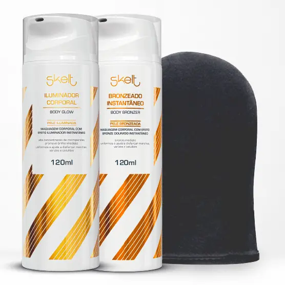 Kit Iluminador Corporal + Bronzeado Instantâneo Skelt+ Luva Aplicadora