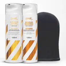 Kit Iluminador Corporal + Bronzeado Instantâneo Skelt+ Luva Aplicadora