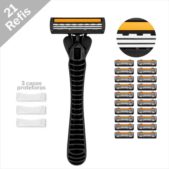 Kit Com Barbeador Reutilizável E 21 Refis De Lâminas 3 Cortes Precisos E Confortáveis