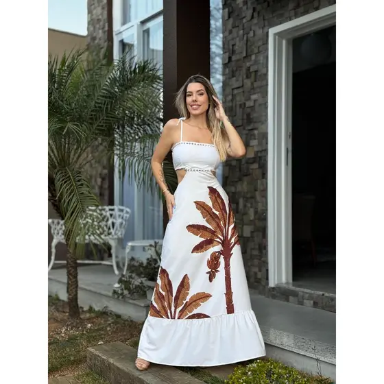 Vestido Longo Tropical com Alças de Amarrar- primavera/verão