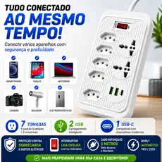 Filtro de Linha 7 Tomadas 5 Metros Bivolt com 2 USB e USB-C Proteção Contra Surtos KA-7022