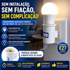 Soquete E27 com Plug Macho 10A e Interruptor Bocal para Lâmpada LED Direto na Tomada