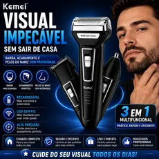Aparador de Barba Kemei 3 em 1 Recarregável Bivolt Barbeador Elétrico Cortador de Cabelo e Nariz