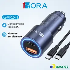 Carregador de Celular Para Carro 1 Entrada Tipo C e 1 Entrada USB Conector Veicular GAR241 1HORA