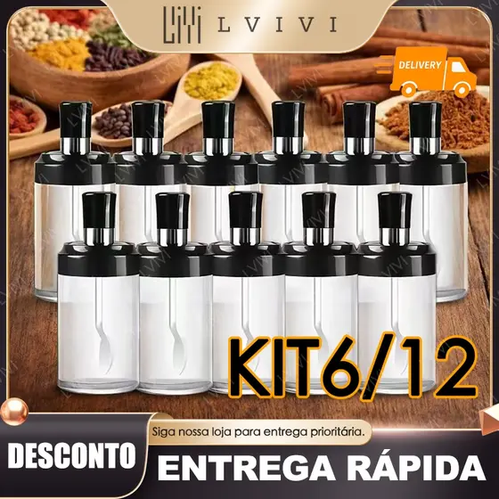 Kit 4/6/12 Porta Tempero Com Colher Condimento Cozinha Sal Açucar