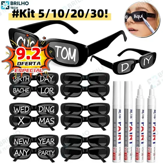 Kit 5/10/20/30 Oculos Vintage Retro Preto Liso + Caneta Giz Festa Casamento