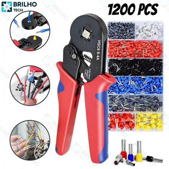 Kit Alicate de Crimpagem Profissional Terminais Tubulares 0.25 a 10mm² + 1200 Terminais Isolados-BT
