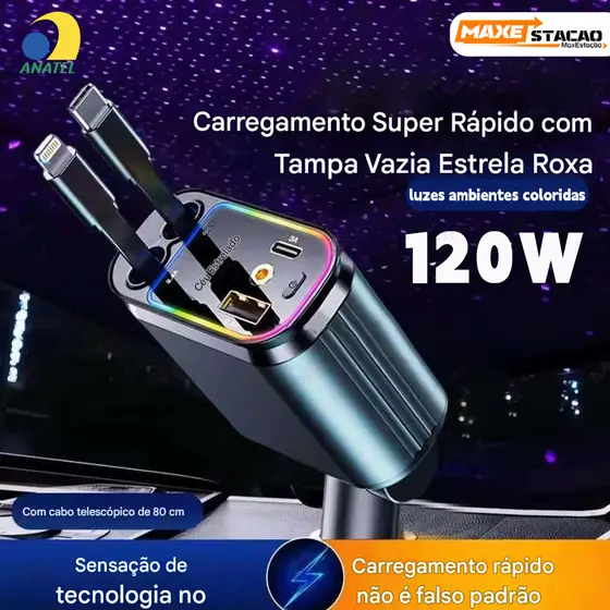Carregador Automotivo Retrátil 4 em 1 com Rotação 180° Cabo Flexível e Iluminação LED para Celulares