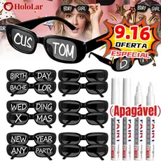 Oculos Vintage Retro Preto Liso + Caneta Giz Festa Casamento Evento Balada Despedidas Cor Preto-HL