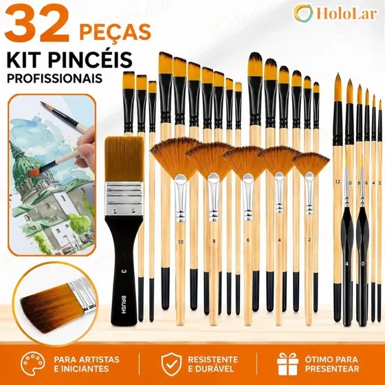 Kit 32 Peças Pincéis De Pintura Para Acrílica, Cerdas De Nylon Premium Com Redondo, Filbert, Plano, Ventilador