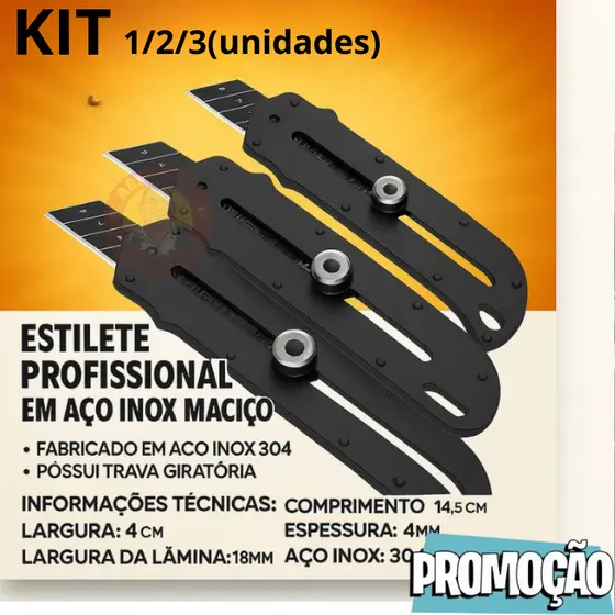 Estilete Profissional 18mm Com Trava Aço Inox Maciço 10 Lâminas