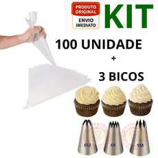 Saco De Confeitar Medio 100 Unidades Confeitaria Bolo Doce Cupcake + Kit 3 Bicos
