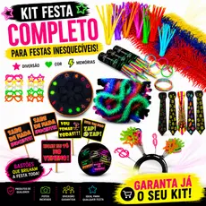 Kit Festa Neon com 290 Peças – Pulseiras, Óculos, Tiaras, Gravatas, Plaquinhas e Marabus Comemorativa