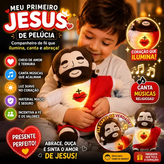 Boneco Jesus 38cm Que Respira Canta e Ilumina Pelúcia para Dormir e Acalmar
