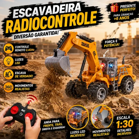 Escavadeira Infantil Controle Remoto com Luzes LED Escava de Verdade Presente Criança