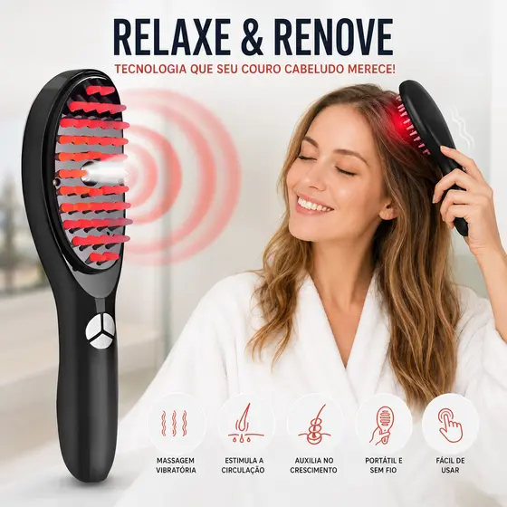 Escova Massageadora Capilar Led Terapia Crescimento Cabelo Spray Nano Digital