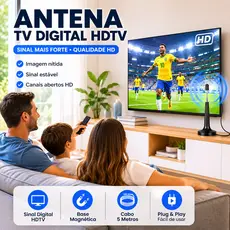 Antena TV Digital HDTV 5m Sinal Digital VHF UHF Base Magnética Interna Externa