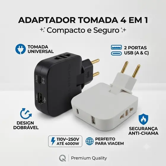 Adaptador Tomada Universal 4 em 1 USB-A + Type-C Dobrável 2500W