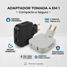 Adaptador Tomada Universal 4 em 1 USB-A + Type-C Dobrável 2500W