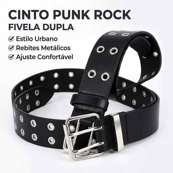 Cinto Punk Rock Unissex Dupla Fivela com Rebites Ajustável Estilo Streetwear Preto