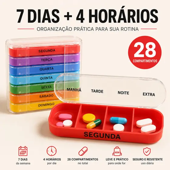 Organizador Semanal de Medicamentos 7 Dias 28 Compartimentos Removível Porta Comprimidos