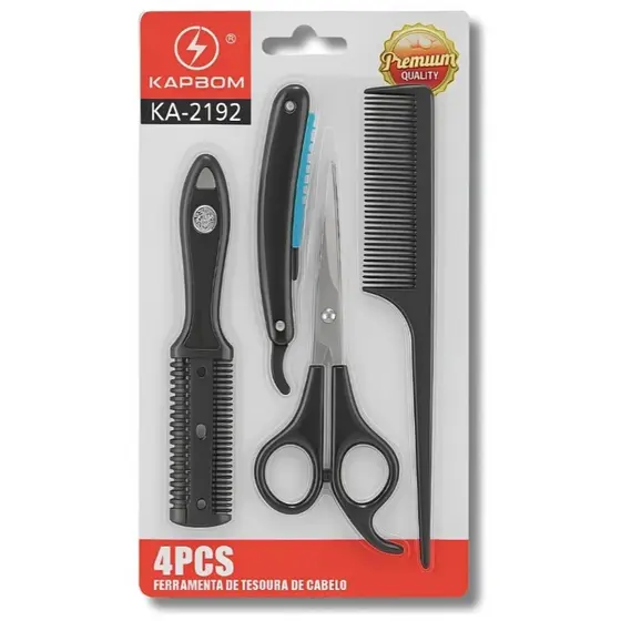 ✂️ Kit Barbearia – Tesoura, Navalha, Pente - Kapbom KA-2192
