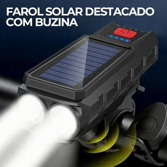 Luz de Bicicleta Solar com 2 Lâmpadas – Lanterna Potente para Pedalar à Noite com Buzina