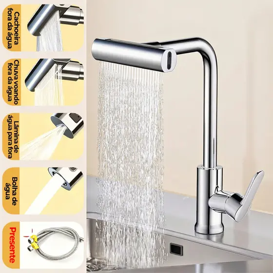 Torneira De Cozinha Água 4 Jatos Torneira Tubo Flexível Parede Cozinha para Pia de Cozinha Gourmet Flexível Inox Metal.