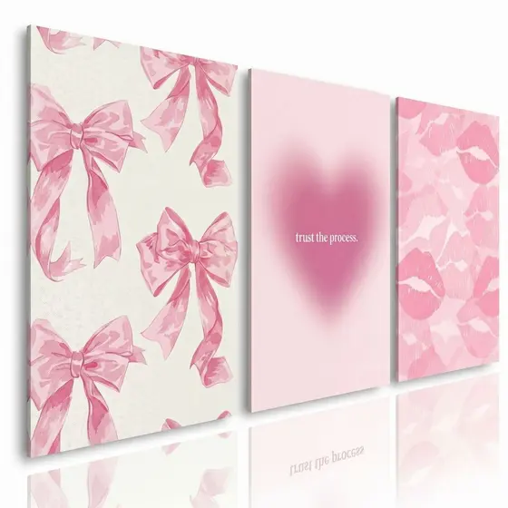 Quadros Decorativos 3 Peças Kit Aesthtetic Girl Rosa Beijos Laços Para Quarto Decoração Parede MDF