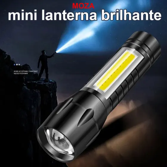 Lanterna LED, mini lanterna, com função de zoom, recarregável via USB.