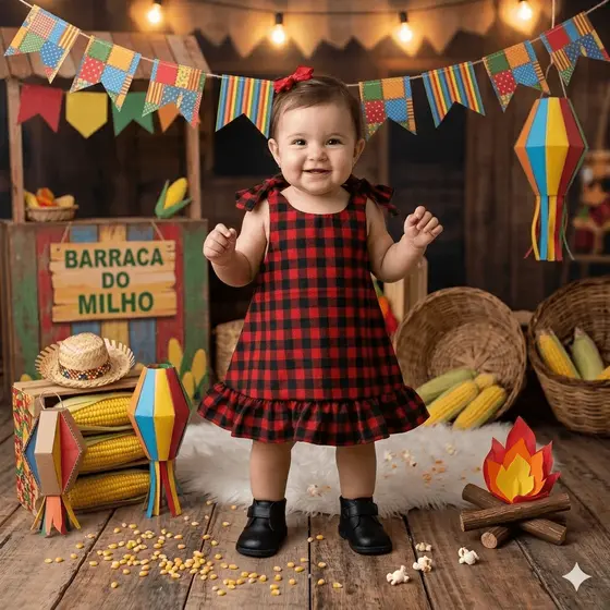 Vestido Festa Junina Infantil Xadrez com Babado