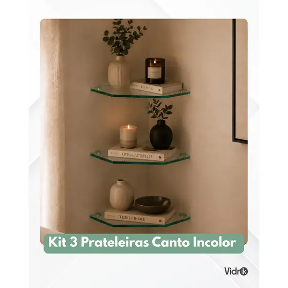 KIT 3 PRATELEIRAS VIDRO CANTONEIRA 25X25 8 MM INCOLOR