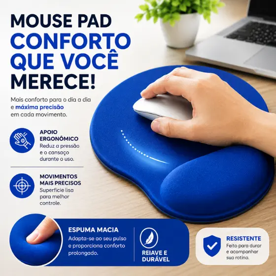 Mouse Pad Ergonômico com Apoio para Pulso – Base Antiderrapante | Precisão e Conforto