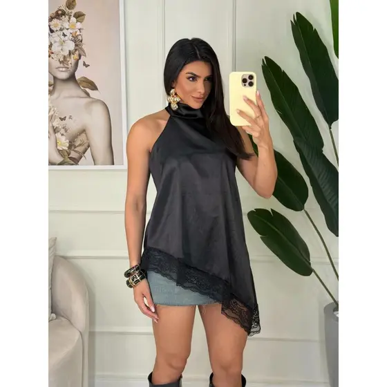 Blusa Gola Alta Halter Aplicação De Renda Camiseta Assimetrica Tendencia Inverno Gringa