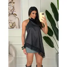 Blusa Gola Alta Halter Aplicação De Renda Camiseta Assimetrica Tendencia Inverno Gringa