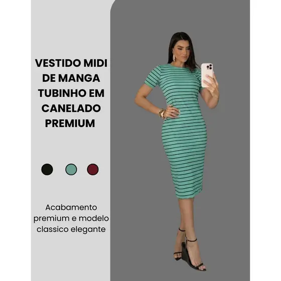 Vestido Midi De Manga Curta Feminino Canelado Ribana Gringa Elegante Basico Confortavel Leve Colado Tubinho Virginia