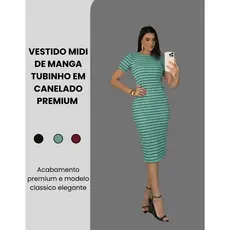 Vestido Midi De Manga Curta Feminino Canelado Ribana Gringa Elegante Basico Confortavel Leve Colado Tubinho Virginia