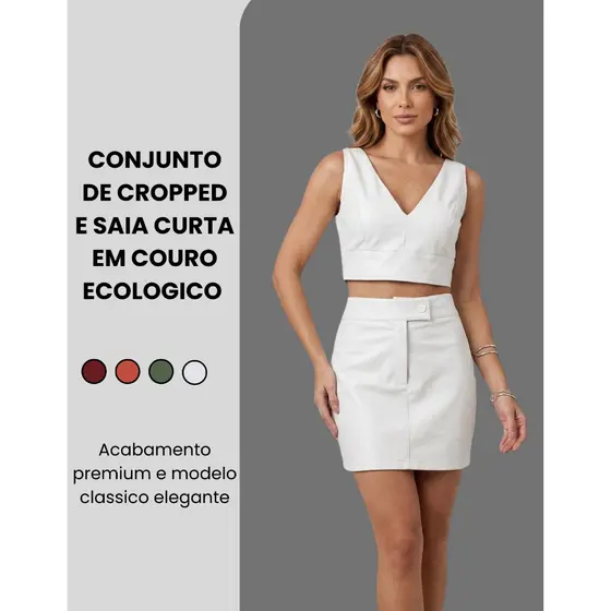 Conjunto De Saia Curta E Cropped Feminino Em Couro Ecologico Sintetico Courino Napa Inverno Outono Tendencia Elegante