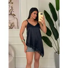 Blusa De Alça Cetim Aplicação De Renda Alcinha Camiseta Assimetrica Tendencia Inverno Gringa