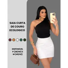 Saia Curta Feminina Couro Ecologico Courino Cintura Alta Com Ziper Premium Modeladora Elegante Tendencia Inverno Country