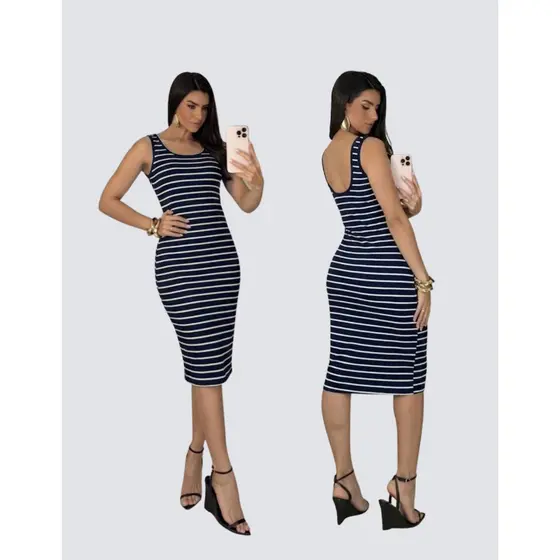 Vestido Midi Canelado Listrado Sem Manga Regata Casual Feminino Tubinho Justo Malha Premium Confortável Moda Inverno 202