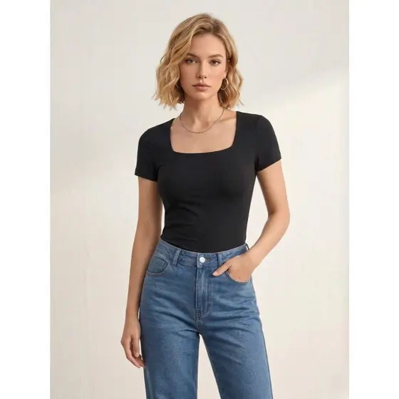 Blusa Feminina Gola Quadrada Básica Suplex Baby Look Slim Premium Casual Tendência Blogueira Camiseta Inverno Verão Moda
