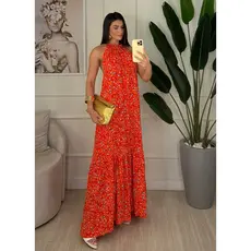Vestido Feminino Longo Camponesa Costa Nua Romântico Estampado Floral Tendência Alça Ajustável