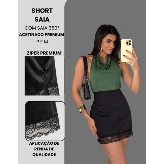 Short Saia Curta Feminino Saia 360 Short Por Baixo Acetinada Aplicação Bainha De Renda Tendencia Inverno Gringa