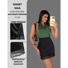 Short Saia Curta Feminino Saia 360 Short Por Baixo Acetinada Aplicação Bainha De Renda Tendencia Inverno Gringa