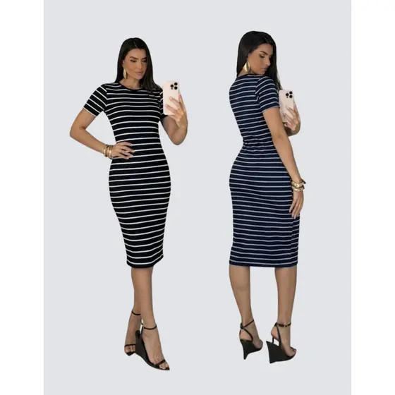Vestido Midi De Manga Curta Feminino Canelado Elegante Basico Confortavel Leve Colado Tubinho Justinho