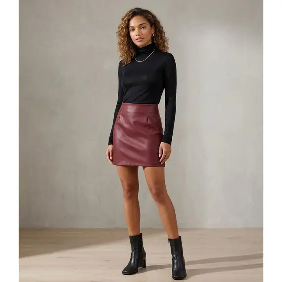 Saia Curta Feminina Couro Eco Sintético Cintura Alta Luxo Blogueira Tendência Outono Inverno Elegante Premium