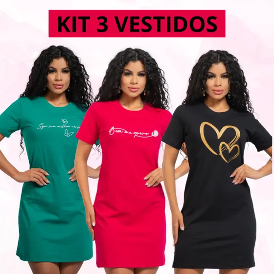 Kit 3 Vestidos Camisetão Feminino 100% algodão Moda Jovem Casual